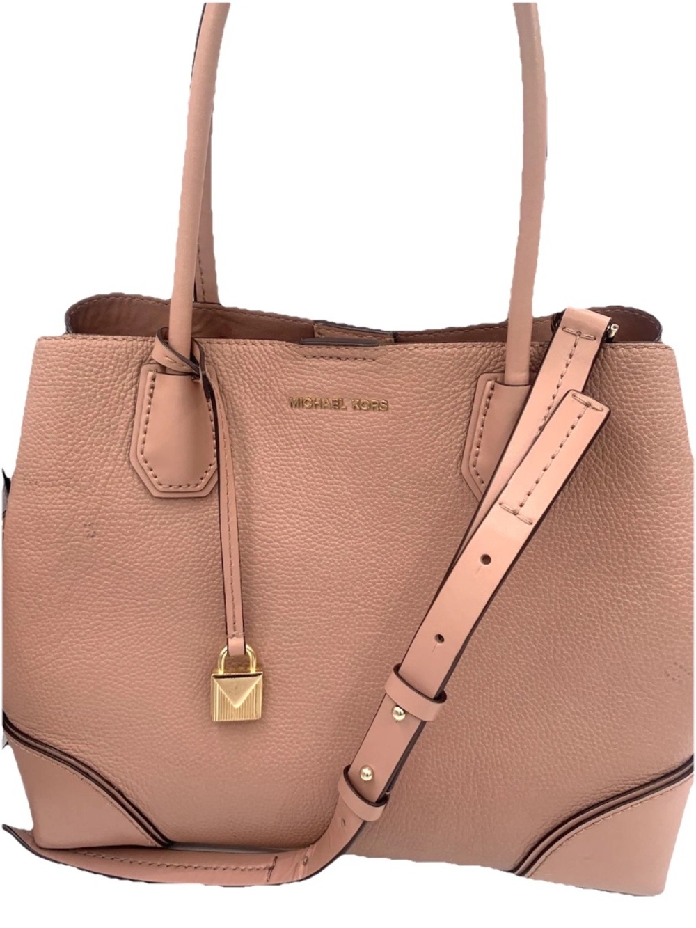 Michael Kors Deep Pink Mercer Medium Pebble Leather Gold Lock Detail Handbag - Picture 6 of 14